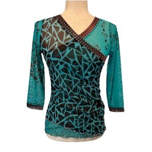 ANAC by Kimi Mesh Overlay Long Sleeve Top Sz S Blue Green Black Brown Floral NWT